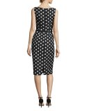 Sleeveless Floral Jacquard Polka-Dot Cocktail Dress, Black