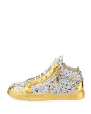 Paint-Splatter Mid-Top Sneaker, Gold/White