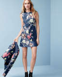 Floral-Print Leather Sleeveless Shift Dress, Blue Multicolor