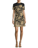 Short-Sleeve Embroidered Cocktail Dress, Black/Gold