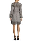 Tally Long-Sleeve Lace-Trimmed Printed Dress, Multi