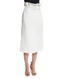 Paneled Paperbag-Waist Midi Skirt, White