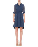 Mesh-Inset Drawstring-Waist Shirtdress, Denim