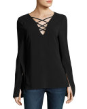 Allie Lace-Up Long-Sleeve Top, Black