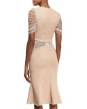 Boucle Flounce-Hem Dress with Beaded Lace, Blush