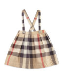 Sofia Pleated Check Skirt w/ Suspenders, Tan, Size 3M-3