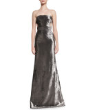 Panne Velvet Strapless Gown, Carbon Silver