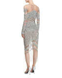 Crystal and Sequins Long-Sleeve Cocktail Dress, Silver