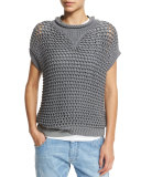 Short-Sleeve Crochet Pullover Top, Slate