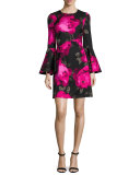 Fosse Bell-Sleeve Floral Faille Cocktail Dress, Multicolor