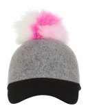 Sass Baseball Cap w/Tricolor Fur Pom-Pom, Pink/White