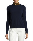 Flore Leather Stand-Collar Wool Sweater, Midnight Navy