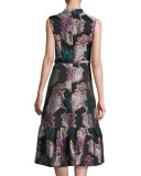 Belted Floral Brocade Sleeveless Flounce Dress, Multi