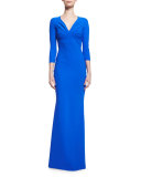 3/4-Sleeve Ruched Ponte Gown, Blue Klein