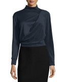 Long-Sleeve Bias Drape Cropped Top, Navy