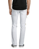 Contrast-Panel Moto Denim Jeans, White