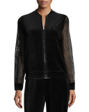 Kimmy Zip-Front Velour Bomber Jacket, Black
