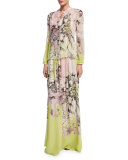 Kimono Floral-Print Long Skirt, Yellow/Pink