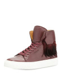 125mm Leather High-Top Sneaker with Feathers, Burgundy