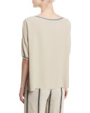 Bolzano Short-Sleeve Rib-Trim Silk Crepe Blouse, Beige