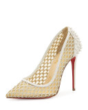 Guni Mesh Spike 100mm Red Sole Pump, Beige/White Ivory