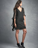 Silk Chiffon V-Neck Cape Dress, Black