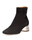 Suede Jewel-Heel Ankle Boot