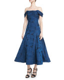 Off-the-Shoulder Leaf Jacquard Midi Dress, Blue Sapphire