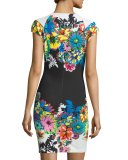 Cap-Sleeve V-Neck Floral-Print Dress, Black/White/Blue