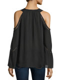 Gemma Cold-Shoulder Pointelle-Trim Top, Black