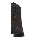 Antique Star Embroidered Leather Gloves, Black