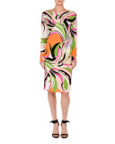 Marilyn Printed Long-Sleeve Boat-Neck Dress, Pink/Green