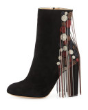Bead-Fringe Suede Ankle Boot, Black/Mix