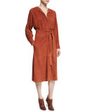 Suede Button-Front Midi Wrap Dress, Burnt Paprika