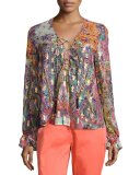 Printed Lace-Up Peasant Blouse, Gold