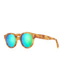Leonard Mirrored Round Sunglasses, Blonde Havana/Green