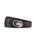 Crocodile Belt with Silvertone Elephant Buckle, Black