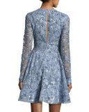 Sequined Long-Sleeve Cocktail Dress, Faded Blue