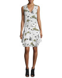 Hadley Belted Floral Silk Dress, Eggshell/Cactus/Mint