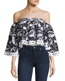 Eden Embroidered Off-the-Shoulder Crop Top, Black/White