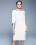 3/4-Sleeve Round-Neck Sheath Dress, White