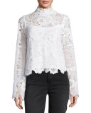 Long-Sleeve Fluid Floral Lace Top, Ivory
