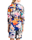 Abstract-Print Self-Tie Shirtdress, New Ivory