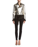 Cage-Print Tie-Neck Silk Blouse, Black/Gold