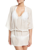 Rhea Lace-Trim Cotton-Silk Voile Caftan Coverup, White