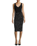 Speckled Tweed Sleeveless V-Neck Dress, Black/Ivory