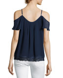 Adorlee Cold-Shoulder Lace-Hem Silk Top, Blue