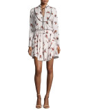 Campbell Long-Sleeve Floral Silk Dress, Light Pink/Multicolor