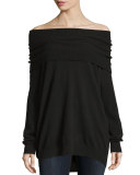 Fold-Over Off-The-Shoulder Tunic Sweater, Raven