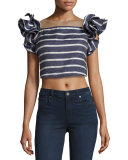 Striped Ruffled-Shoulder Cropped Blouse, Blue/White